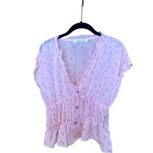 NWT Liberty Love Y2K Style M Sheer Pink Floral Ruffle Blouse Top Short Sleeves